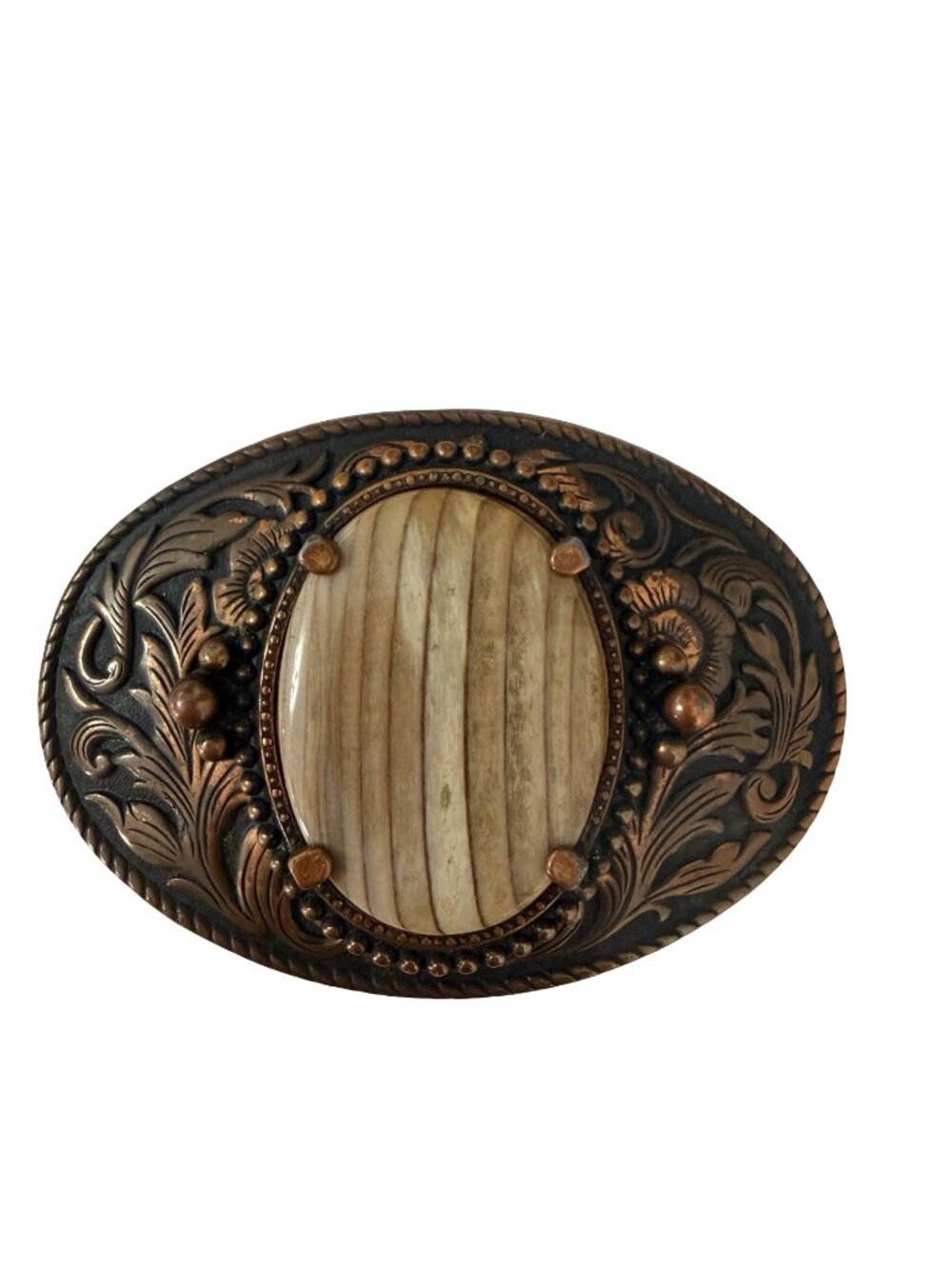 Vintage Western Style Belt Buckle With Faux Branch Center Copper Tone Scrollwork